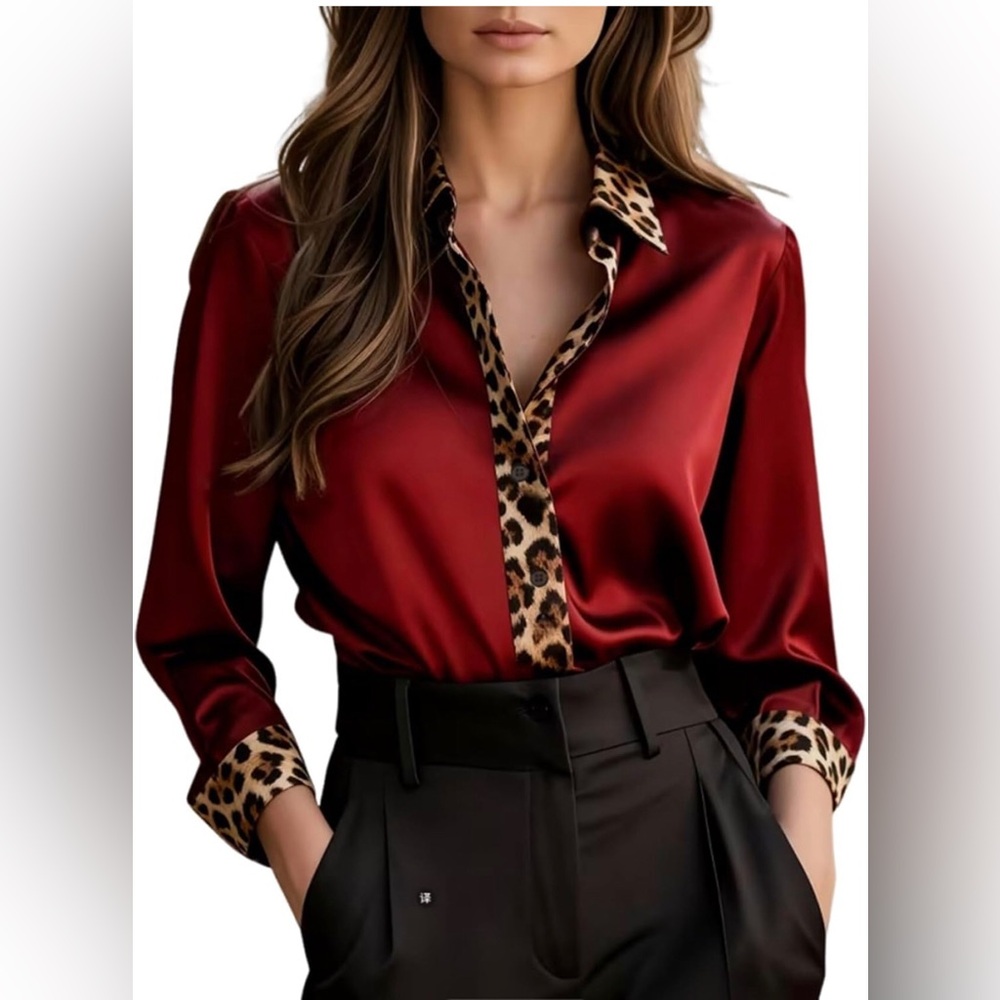 Women Satin Blouses Leopard Button Down Silk Shirts Long Sleeve Tops